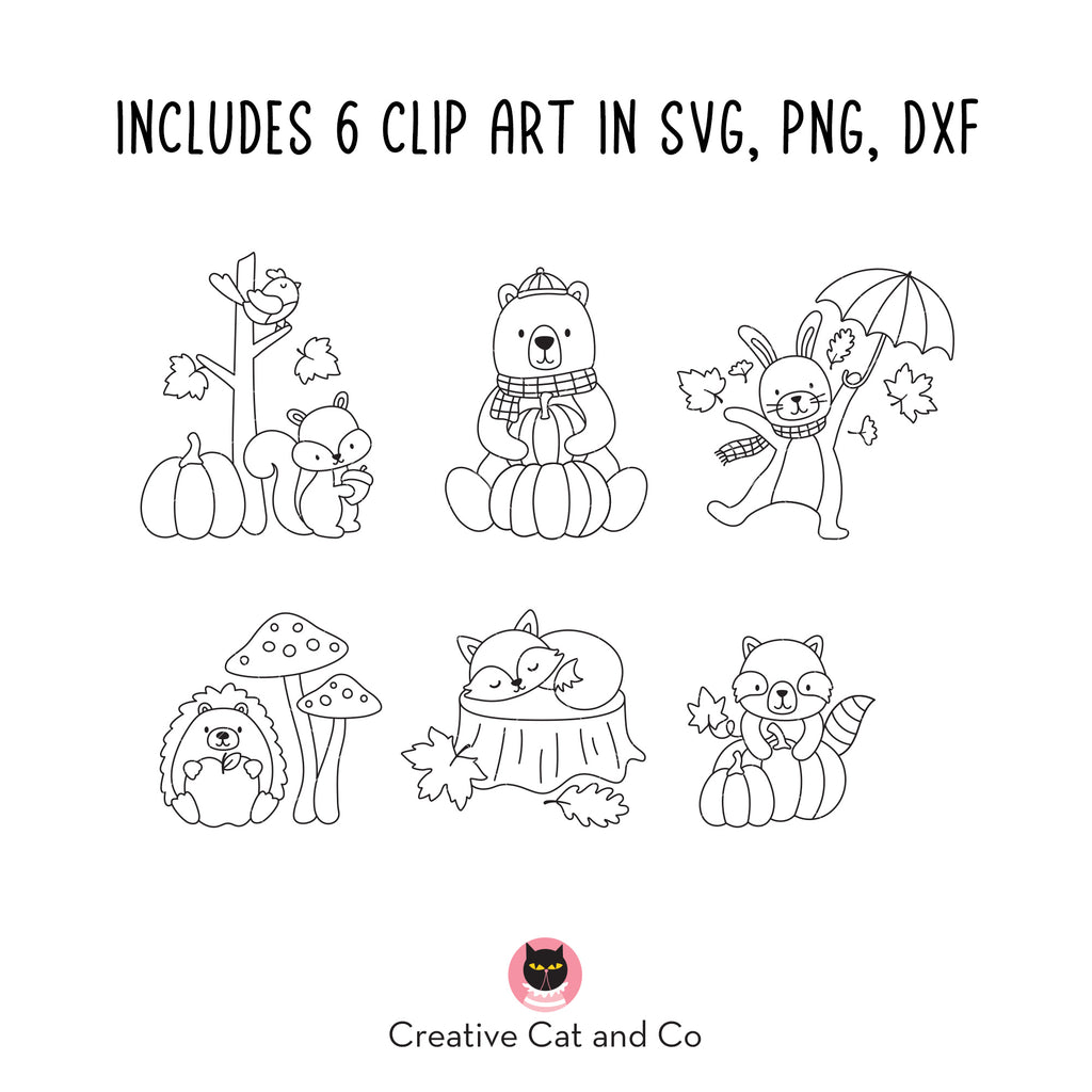 Fall Animals Outline SVG PNG DXF | Woodland Line Art Clipart for ...
