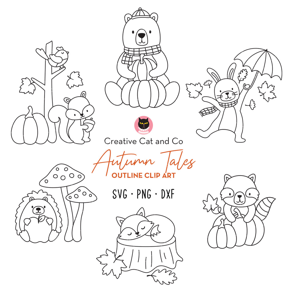 Fall Animals Outline SVG PNG DXF | Woodland Line Art Clipart for ...