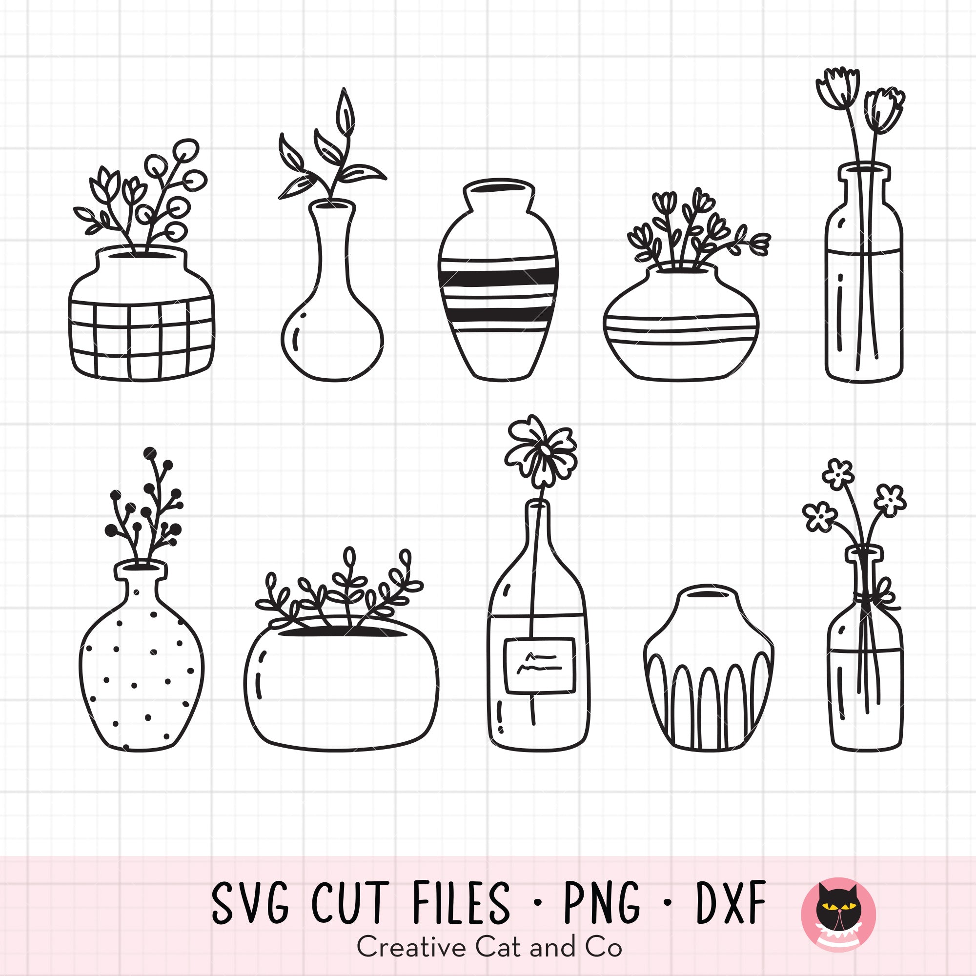 Modern Flower Vases Hand Drawn Sketch SVG DXF PNG, image size:2000x2000