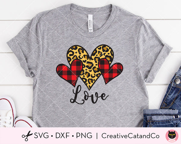 3 Valentine Hearts with Leopard and Plaid Pattern SVG | CreativeCatandCo