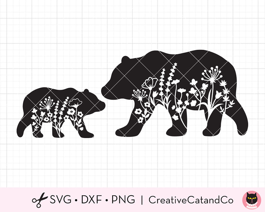 Mama Bear and Baby with Flowers Silhouette SVG