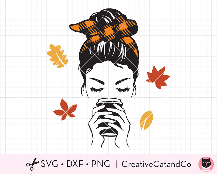 Messy Bun Drinking Fall Pumpkin Spice Coffee SVG | CreativeCatandCo