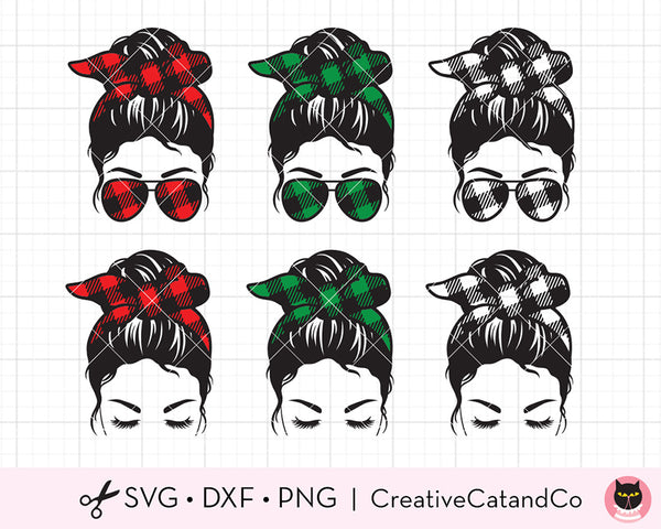 Messy Bun Sunglasses Christmas Plaid Bow SVG | CreativeCatandCo
