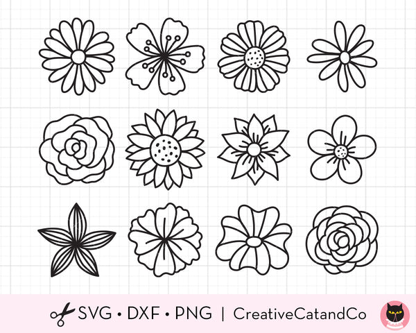 Single Flower Doodle Outline Bundle Svg Cut Files | CreativeCatandCo
