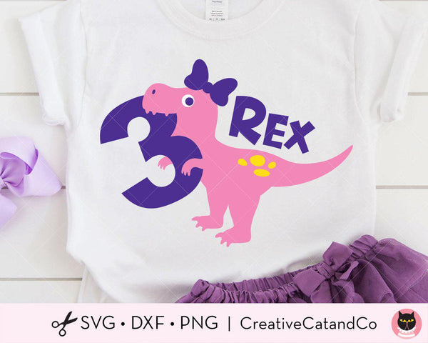 Three Rex Dinosaur Girl Birthday SVG Cut Files | CreativeCatandCo