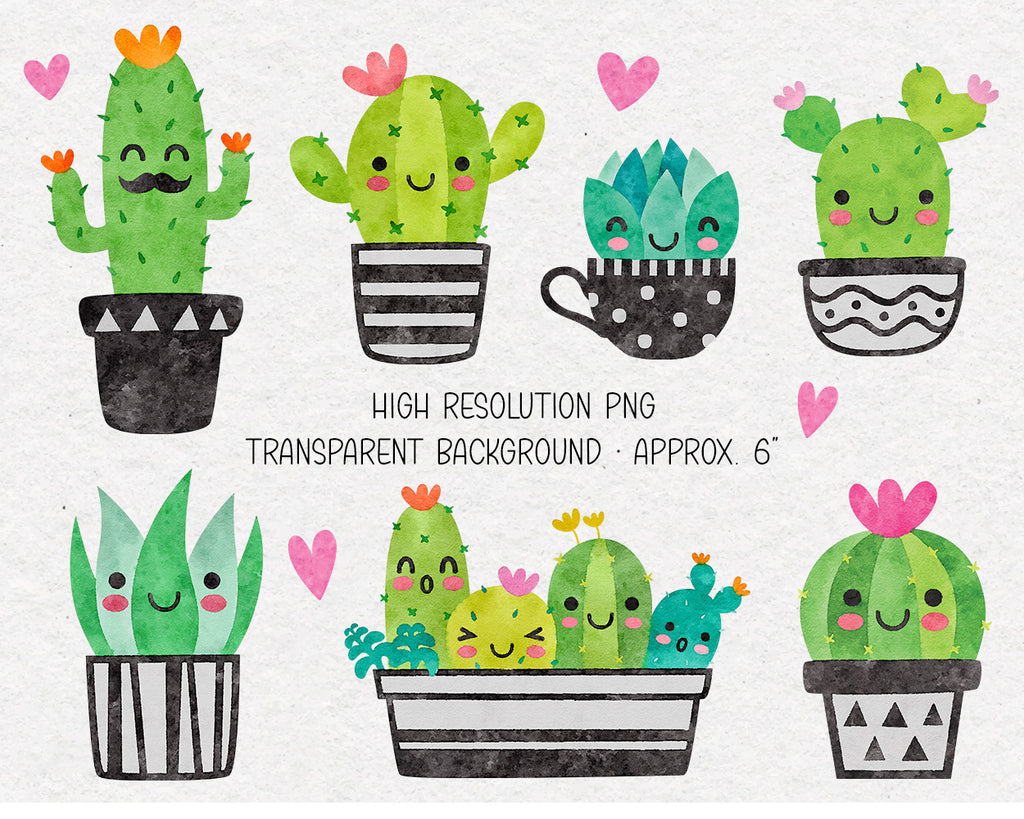Watercolor Cute Cactus Succulent with Faces PNG Clipart